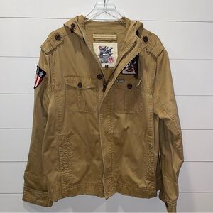 Decibel Military Tan Hooded Jacket with Patches Womens Size XL